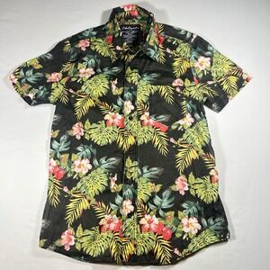 Black Smith Mens Floral Tropical Hibiscus Monstera Button Up Shirt Black Large
